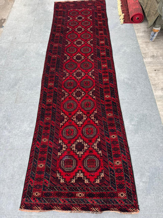 Handmade Tribal Runner Rug 362x105 cm – Vintage Persian Style Hallway Runner, Hand Knotted Wool Oriental Long Rug, Red Corridor Carpet