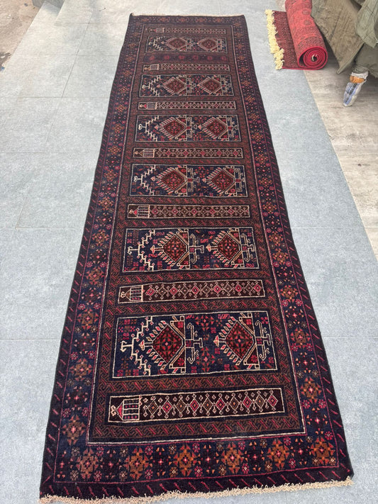 Handmade Baluch Tribal Runner Rug – Vintage Afghan Wool Carpet – Geometric Nomadic Corridor Rug 110 × 370 cm