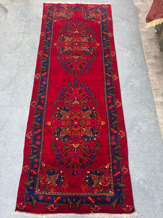 Handmade Persian Style Red Runner Rug – Vintage Wool Corridor Carpet – Floral Medallion